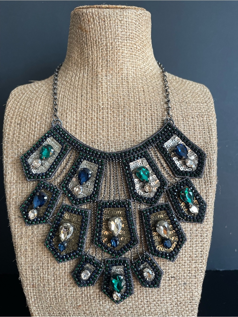 Free people Emerald green Sapphire blue rhinestone Beaded Bib Necklace